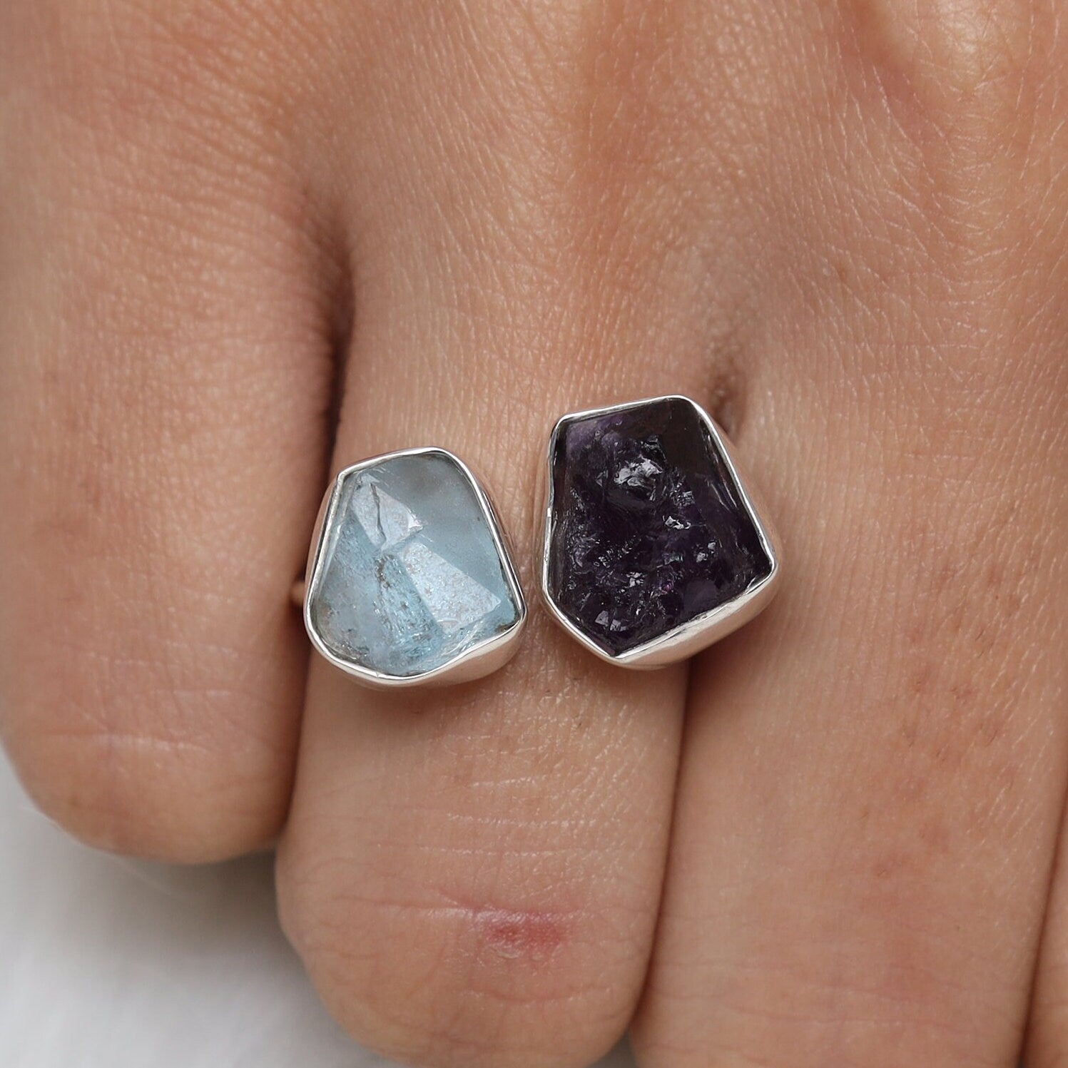 Raw Amethyst & Blue Topaz Sterling Silver Ring