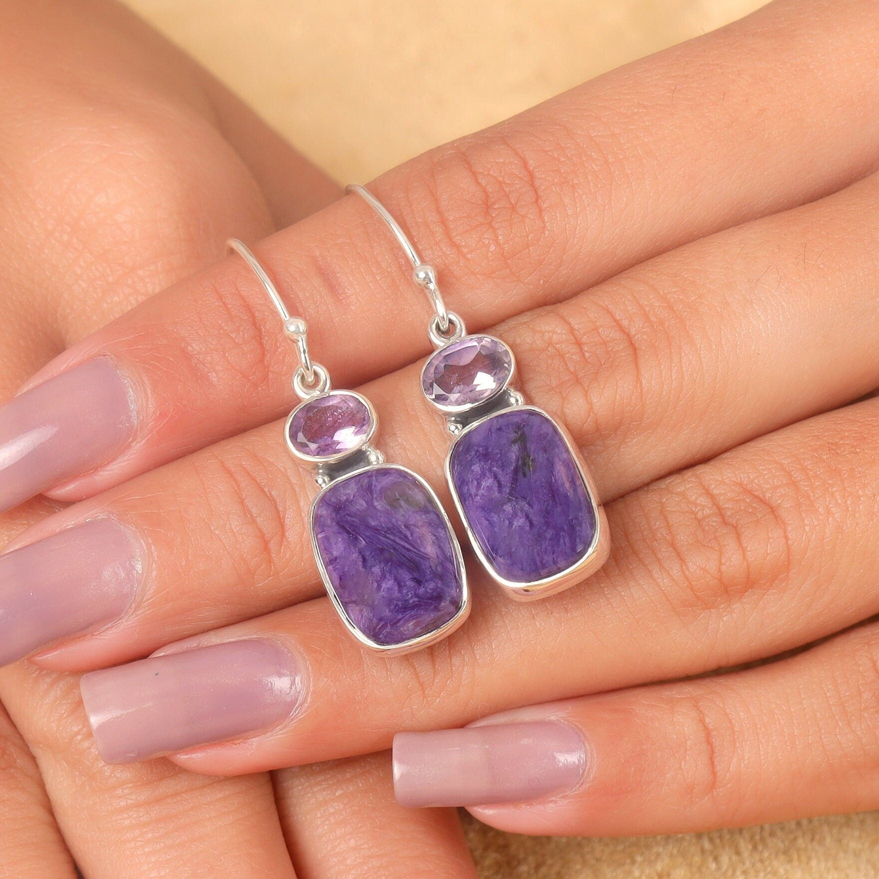 Charoite & Amethyst Sterling Silver Earrings