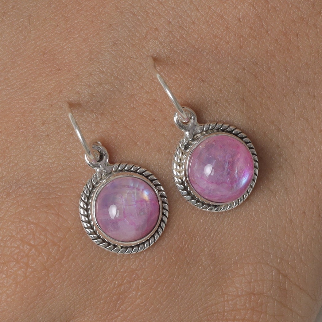 Pink Rainbow Moonstone Sterling Silver Earrings