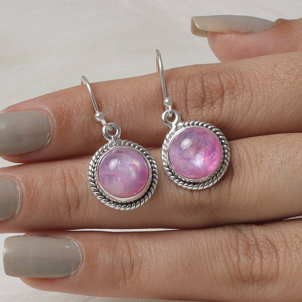 Pink Rainbow Moonstone Sterling Silver Earrings