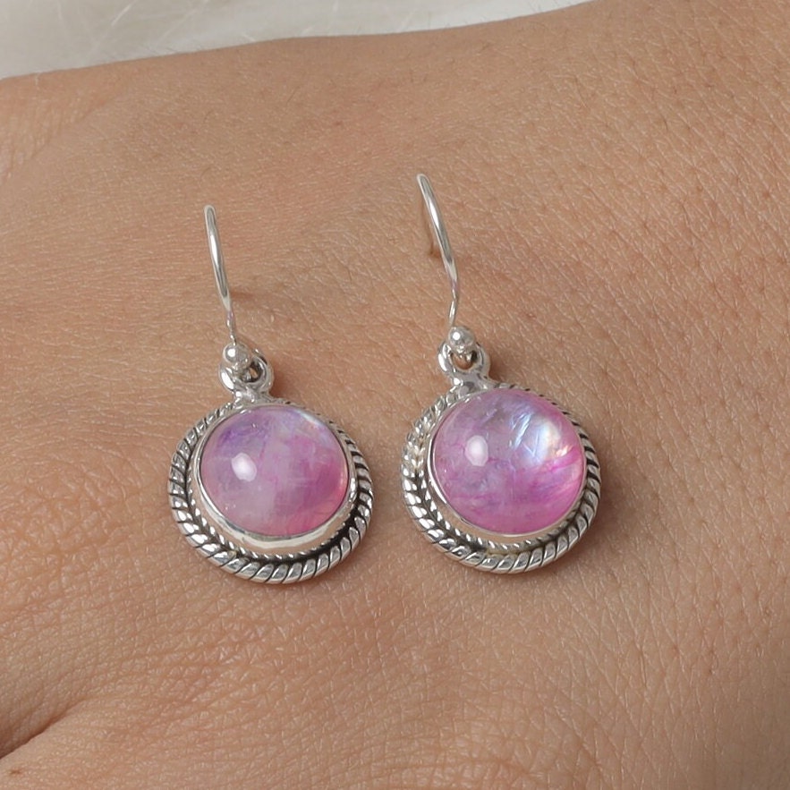 Pink Rainbow Moonstone Sterling Silver Earrings