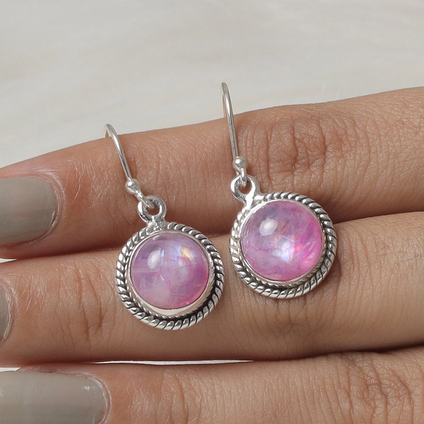 Pink Rainbow Moonstone Sterling Silver Earrings