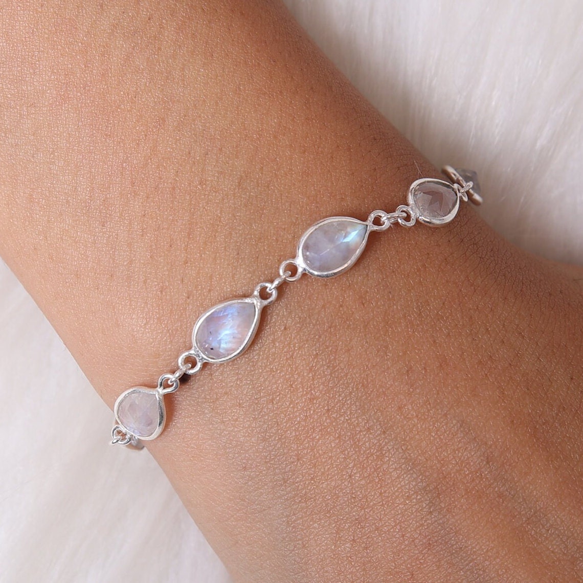 Rainbow Moonstone Sterling Silver Bracelet