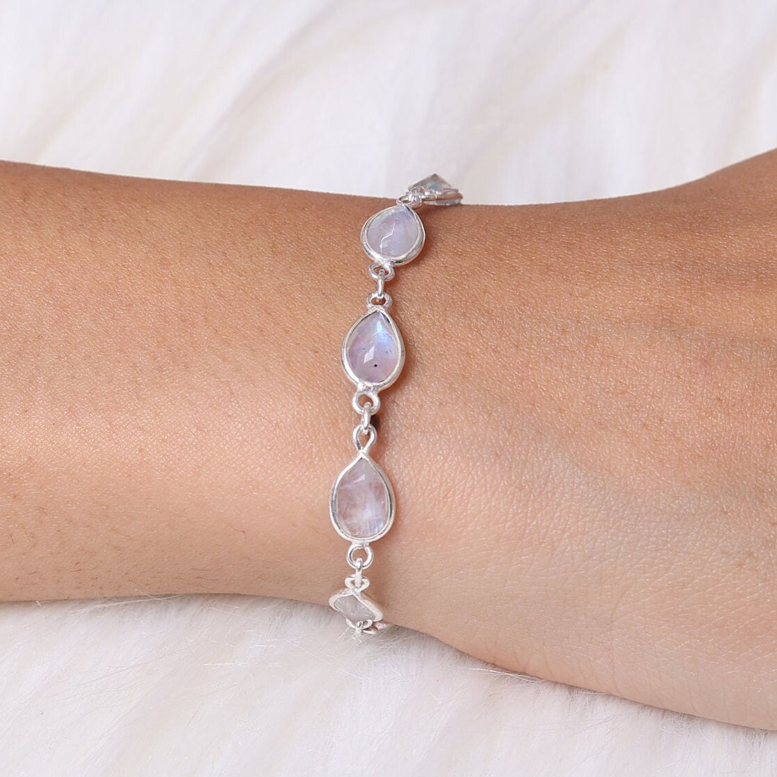 Rainbow Moonstone Sterling Silver Bracelet