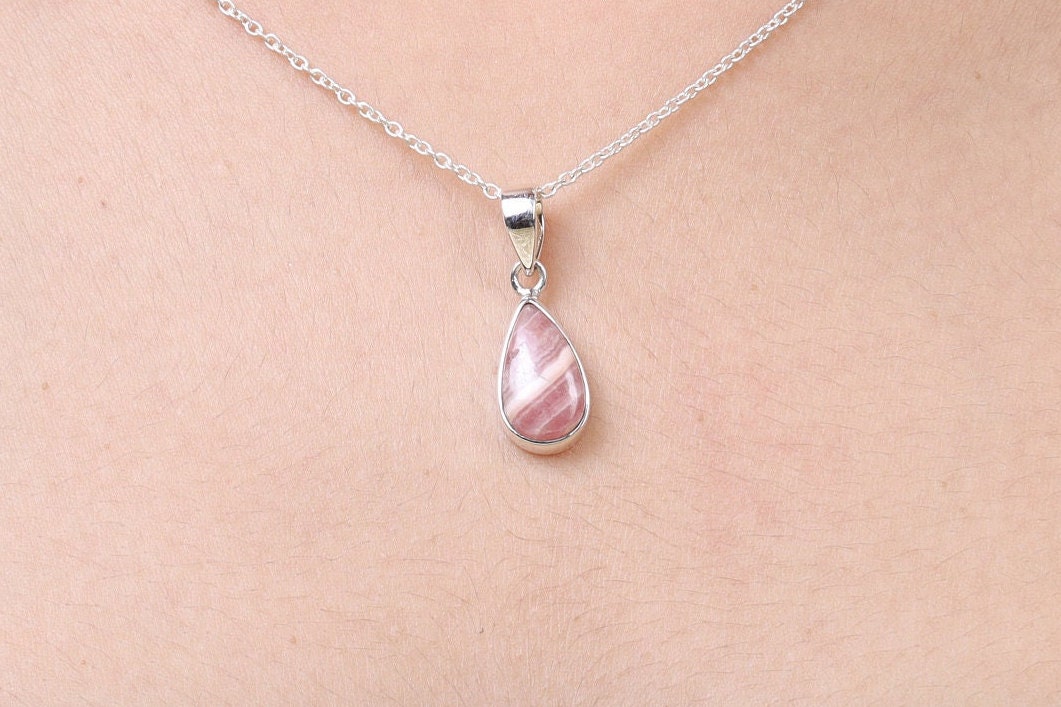 Rhodochrosite Pendant, 925 Sterling Silver Pendant, Teardrop Pendant, Gemstone Pendant, Dainty Necklace, Minimalist Necklace, Gift for Her