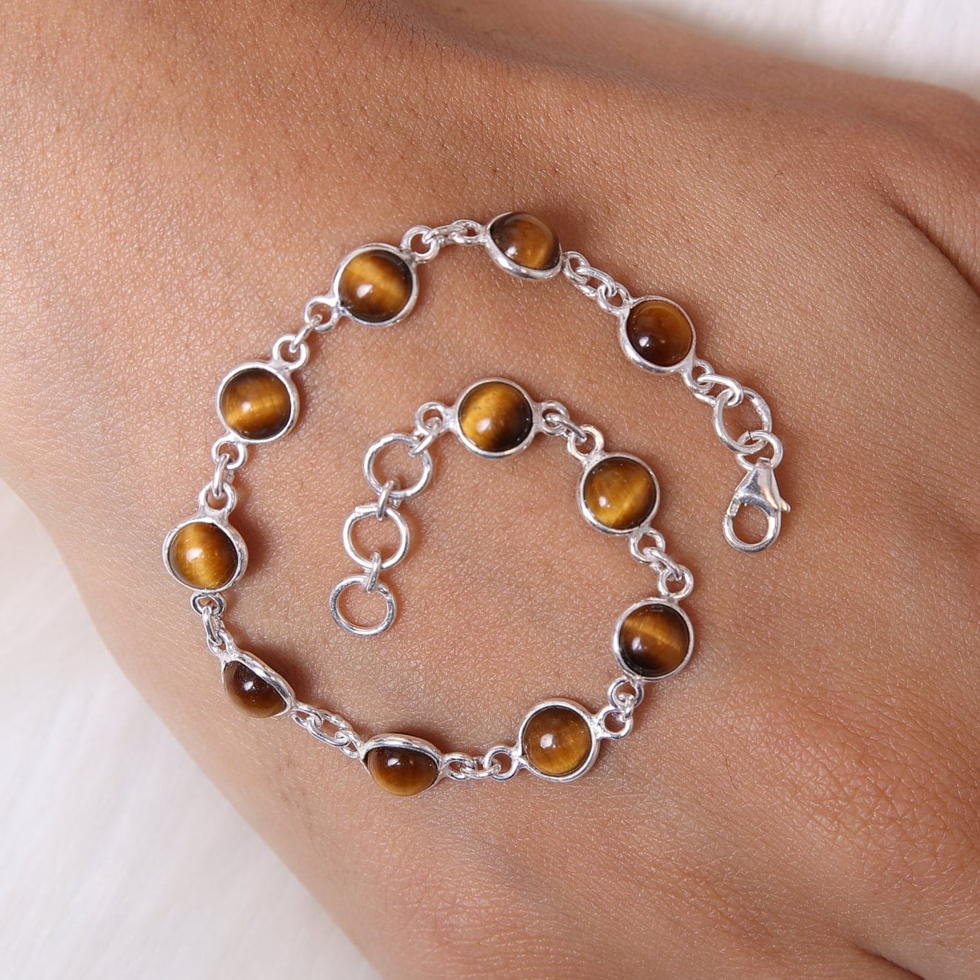 Tiger Eye Bracelet, 925 Sterling Silver Bracelet, Adjustable Silver Bracelet, Round Gemstone Bracelet, Handmade Jewelry, All Size Available