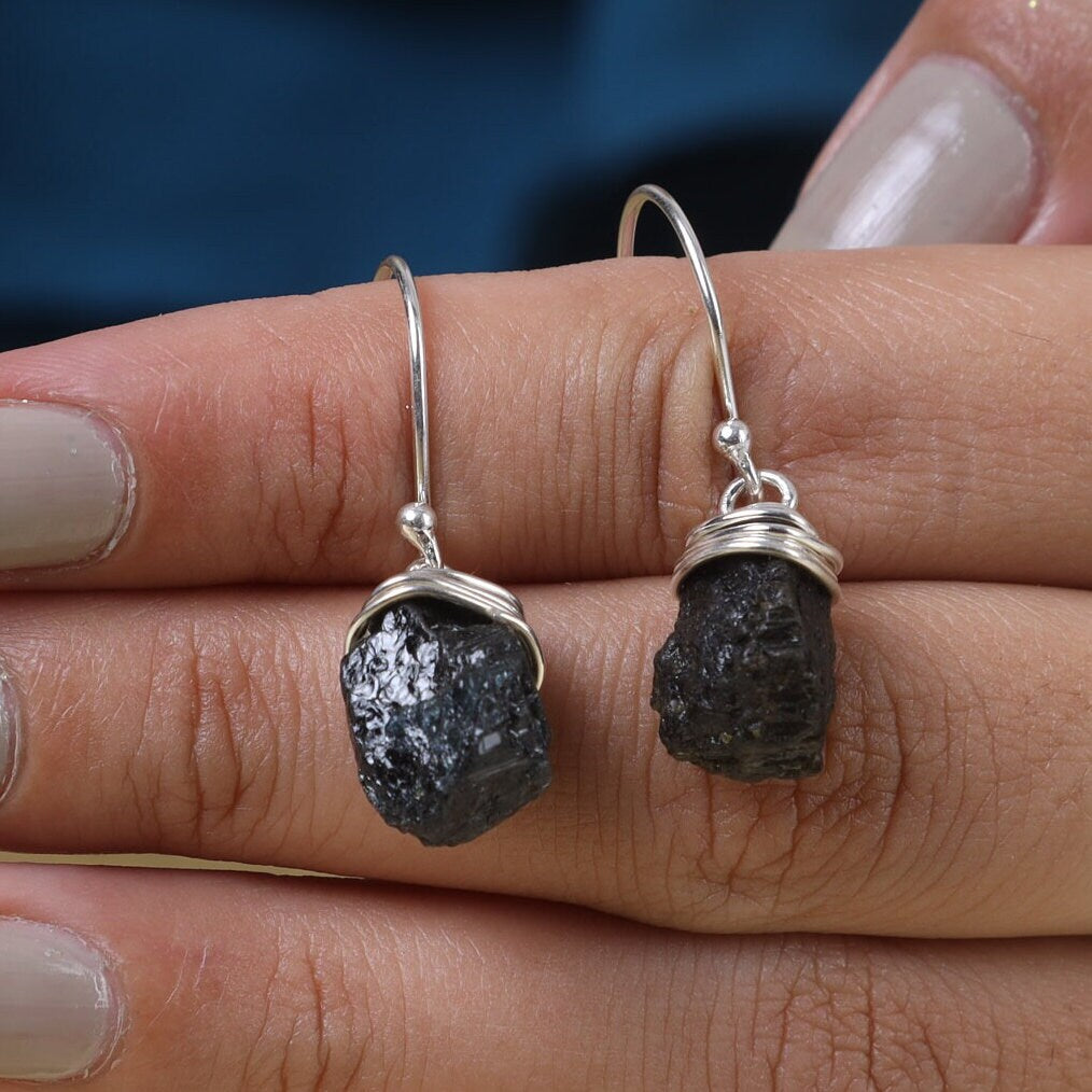 Raw Black Tourmaline Sterling Silver Earrings