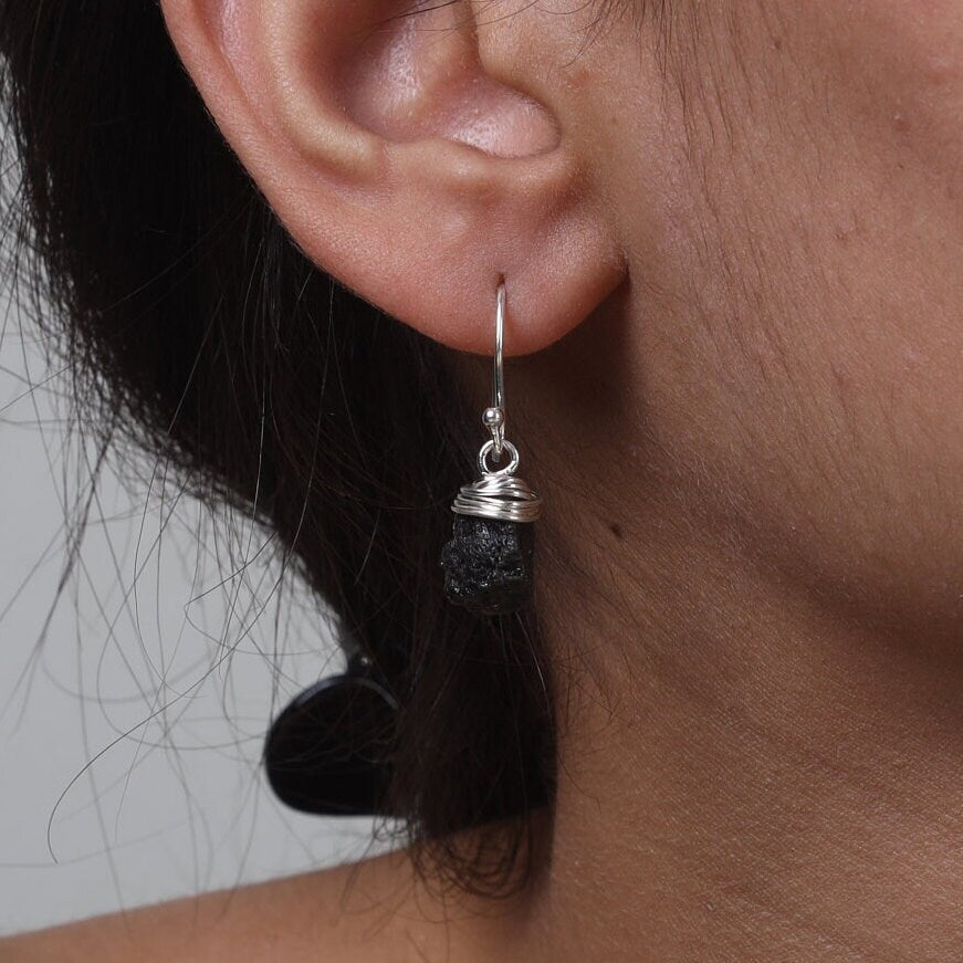 Raw Black Tourmaline Sterling Silver Earrings