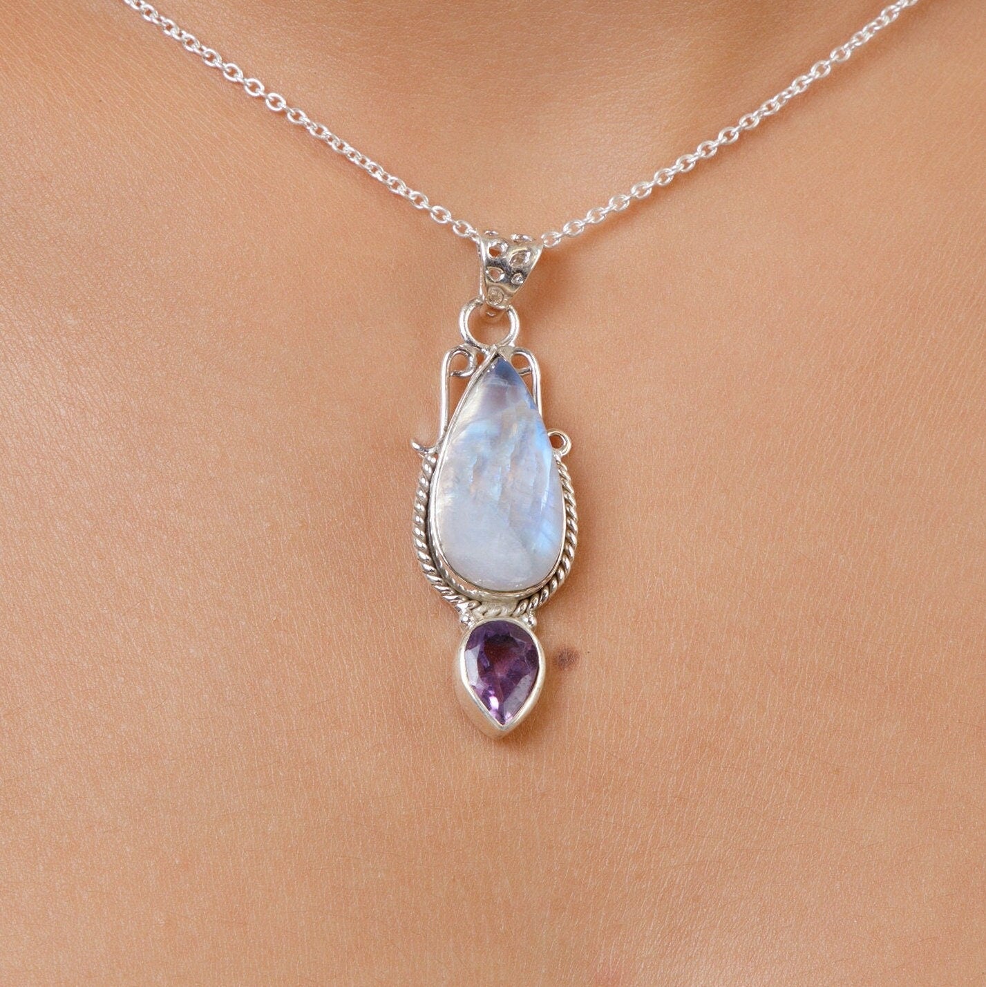 Rainbow Moonstone & Amethyst Sterling Silver Pendant