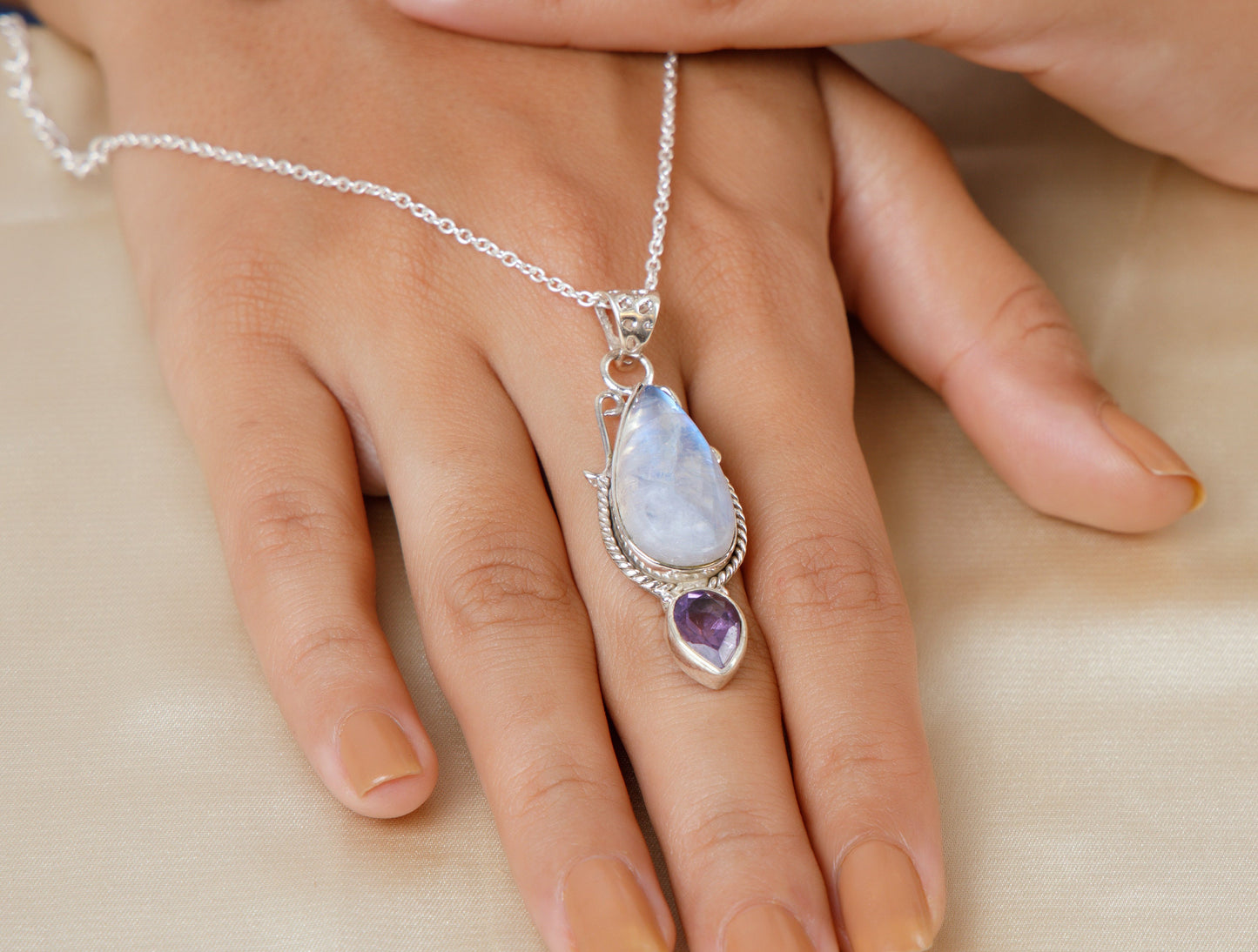 Rainbow Moonstone & Amethyst Sterling Silver Pendant