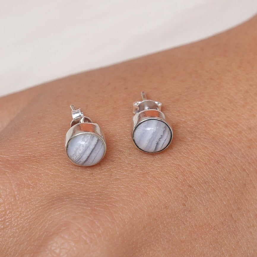 Blue Lace Agate Sterling Silver Stud Earrings