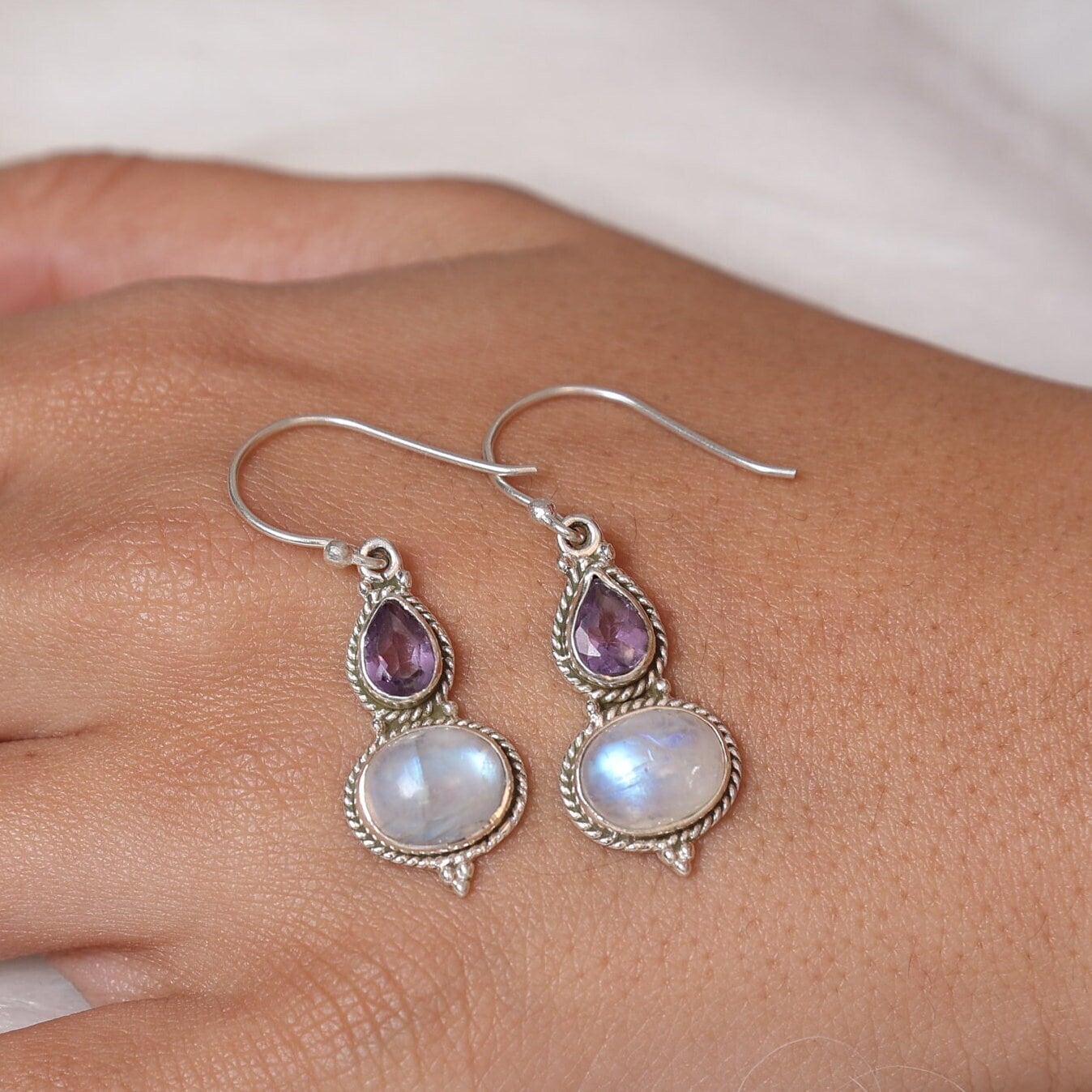 Rainbow Moonstone & Amethyst Sterling Silver Earrings