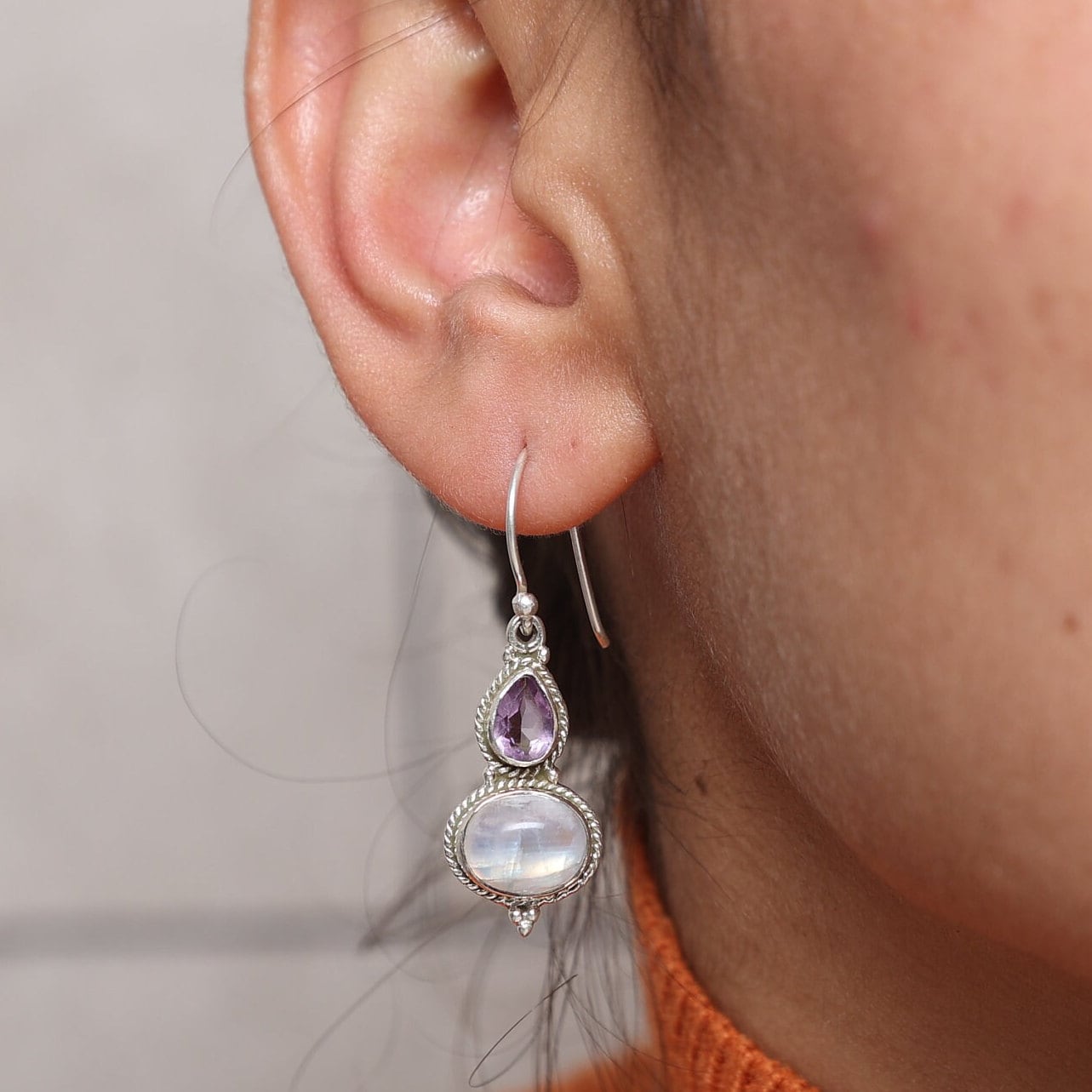 Rainbow Moonstone & Amethyst Sterling Silver Earrings