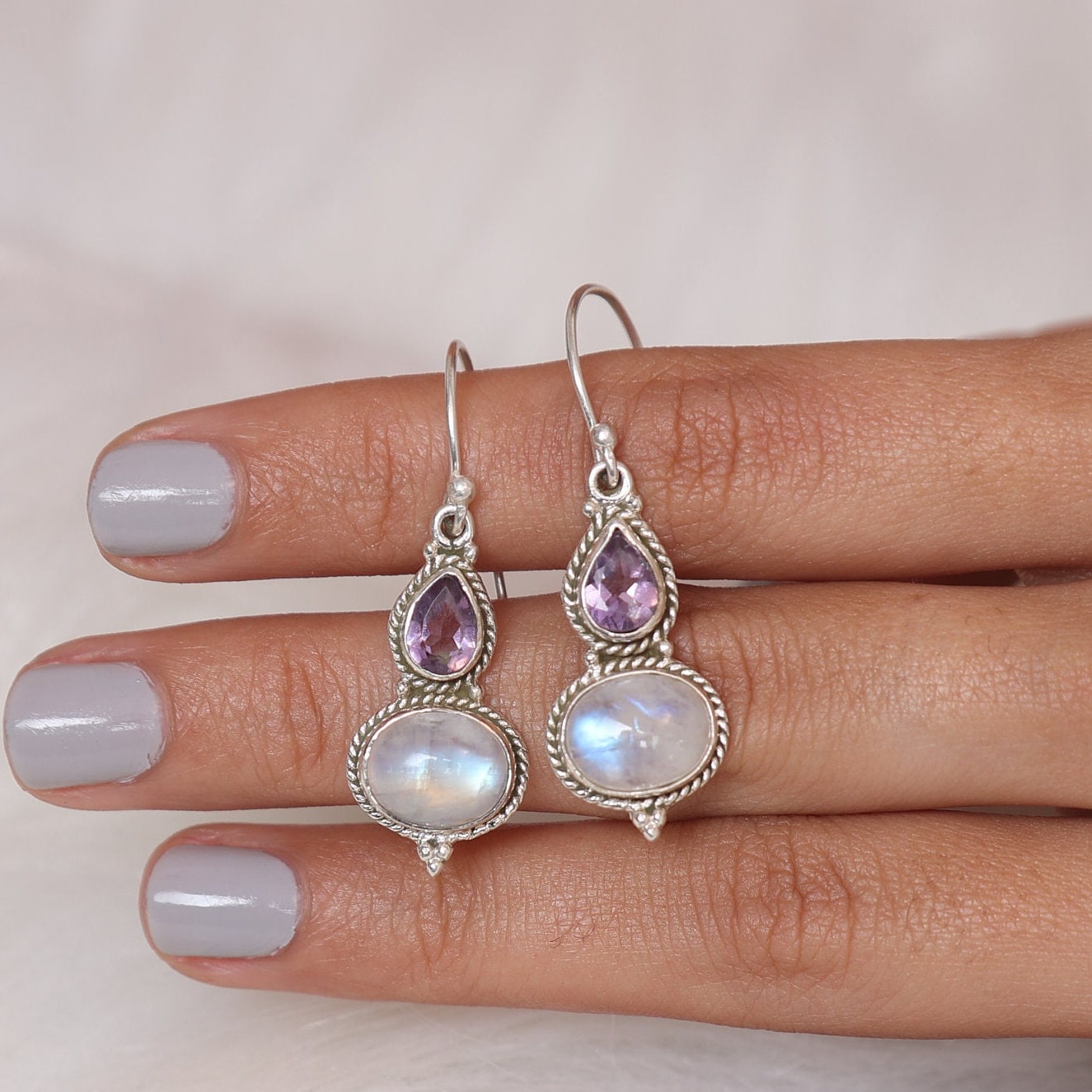 Rainbow Moonstone & Amethyst Sterling Silver Earrings