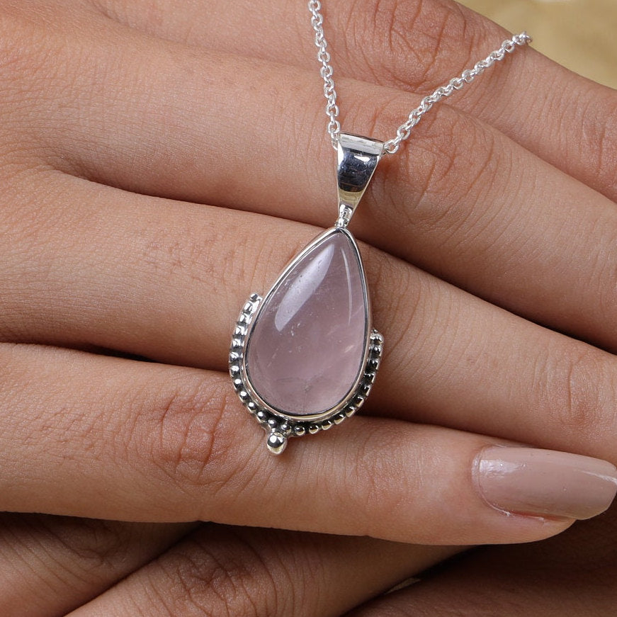 Rose Quartz Pendant, 925 Sterling Silver Pendant, Teardrop Gemstone Pendant, Crystal Necklace, Boho Pendant, Handmade Pendant, Gift for Her