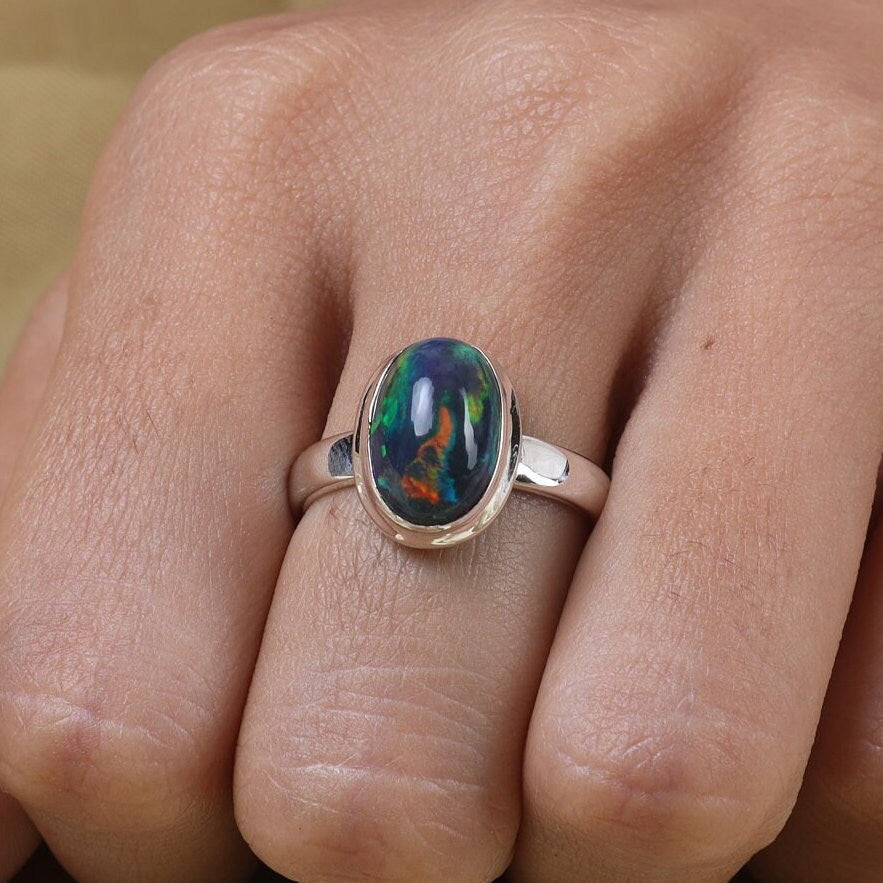 Black Opal Sterling Silver Ring