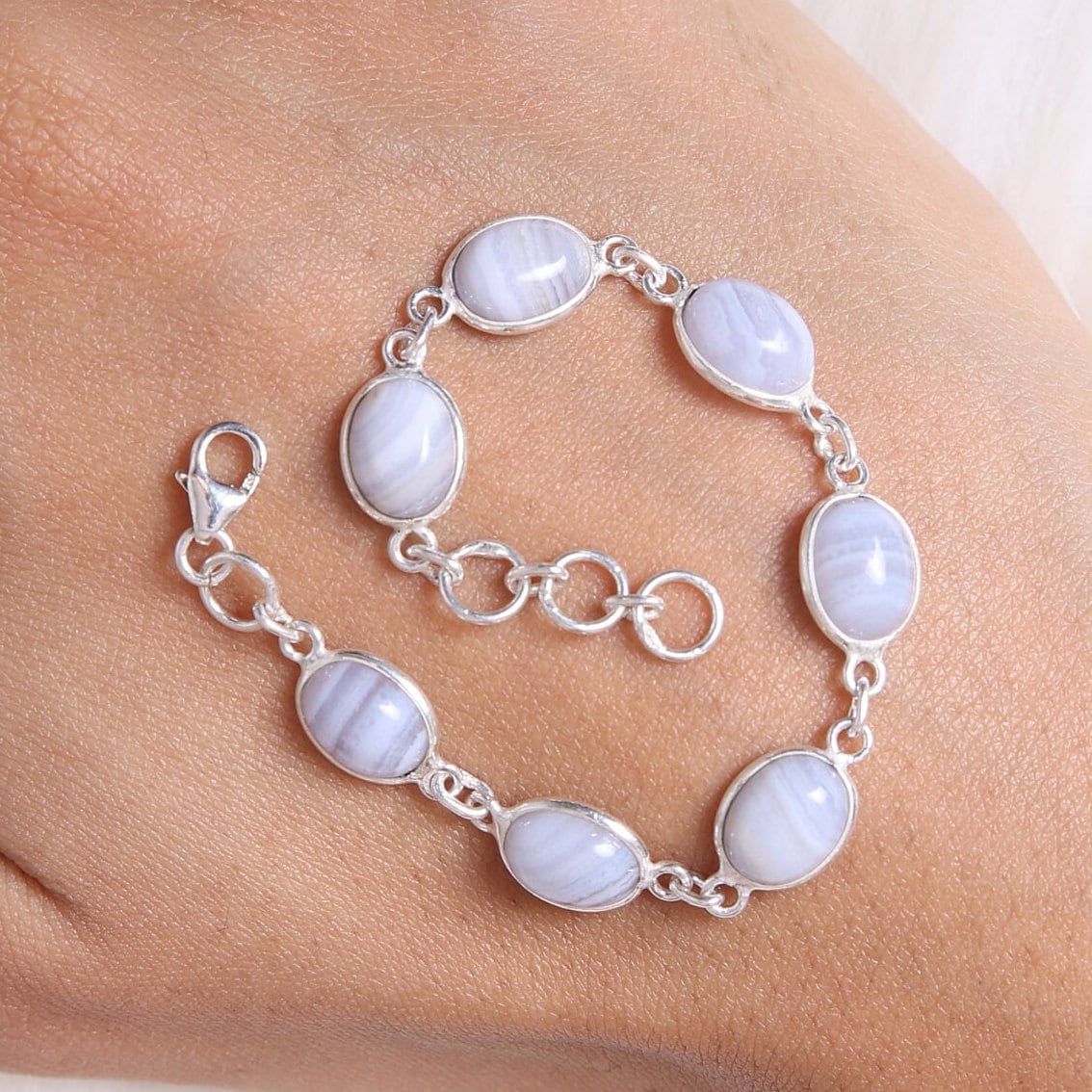 Blue Lace Agate Sterling Silver Bracelet