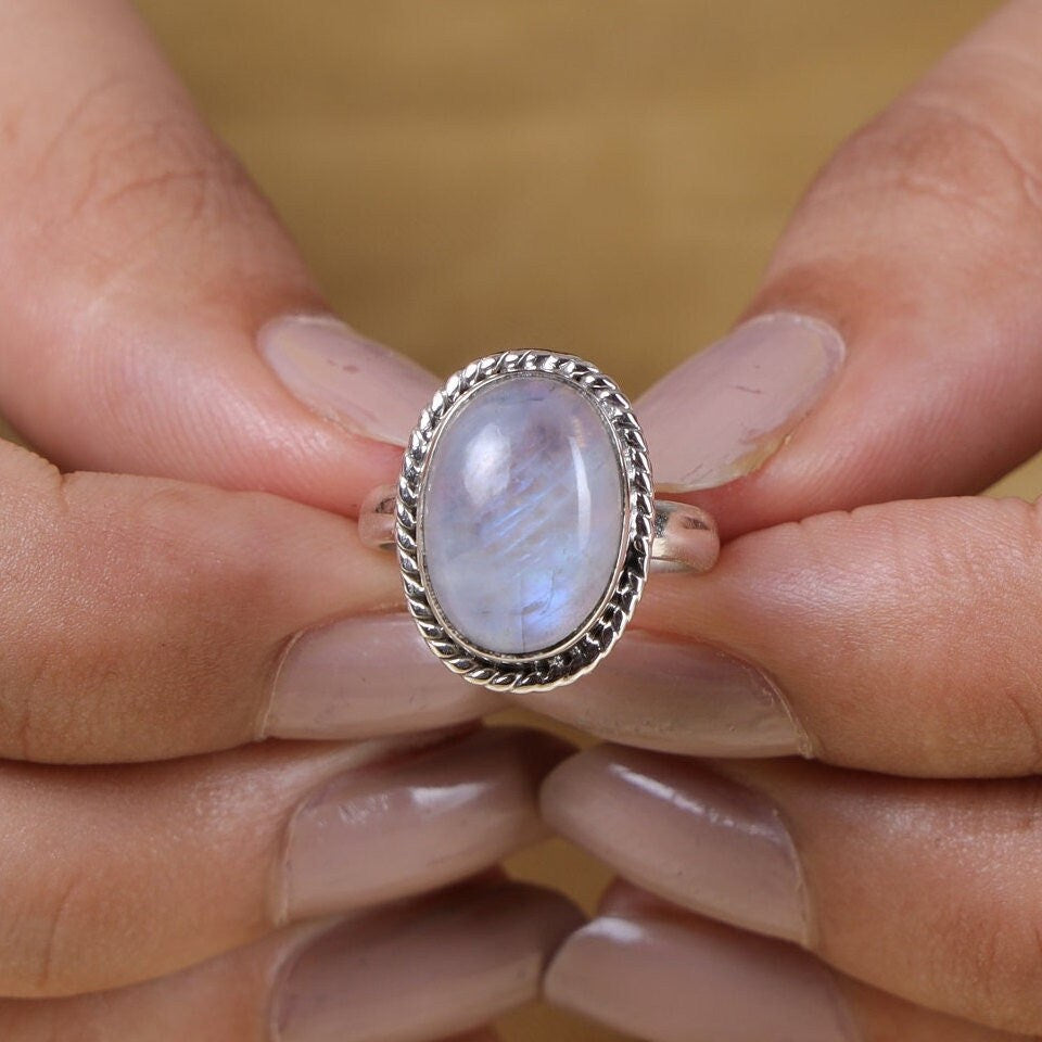 Rainbow Moonstone Sterling Silver Ring