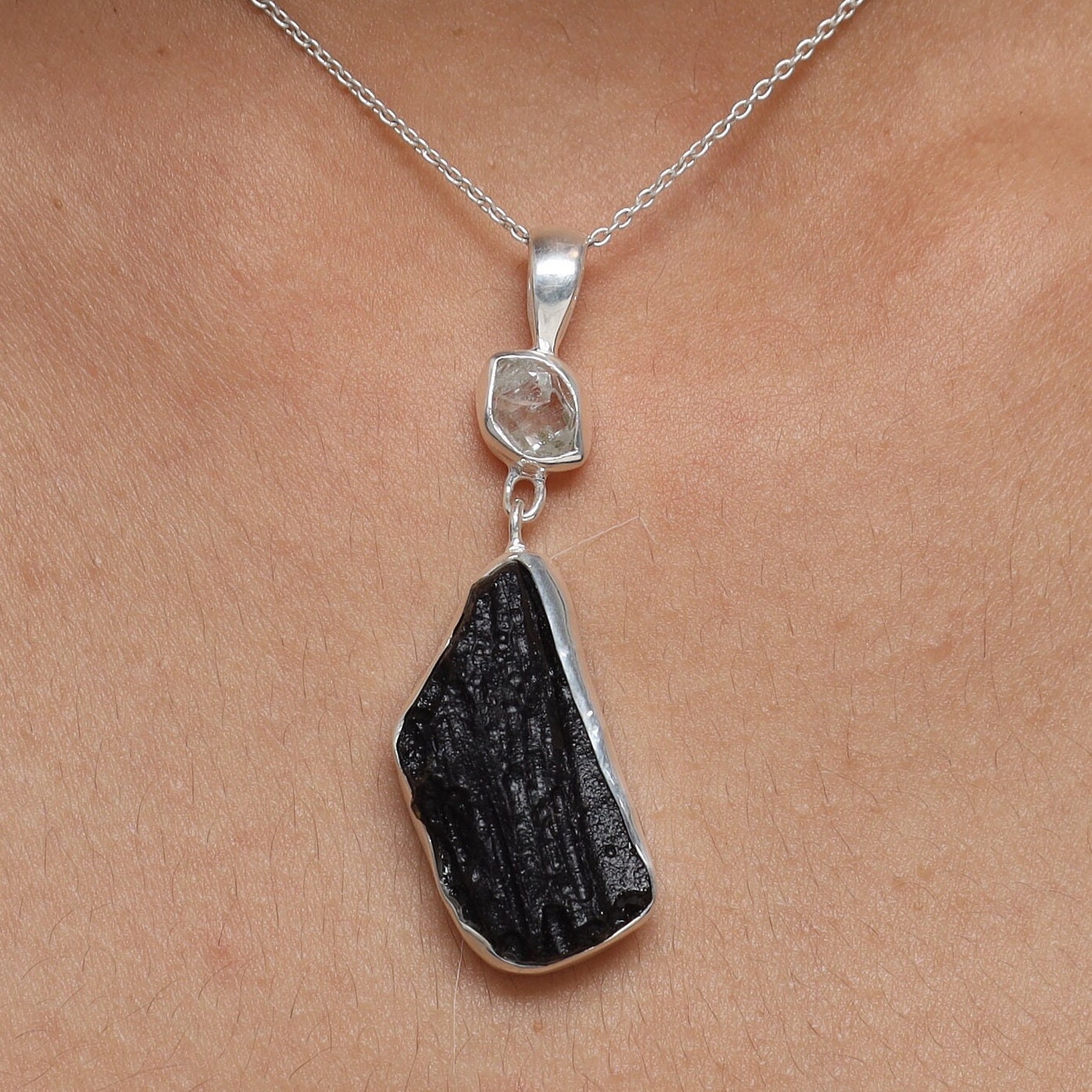 Raw Black Tourmaline & Raw Herkimer Diamond Pendant, 925 Sterling Silver Necklace, Rough Gemstone Pendant, Handmade Jewelry, Gift For Her