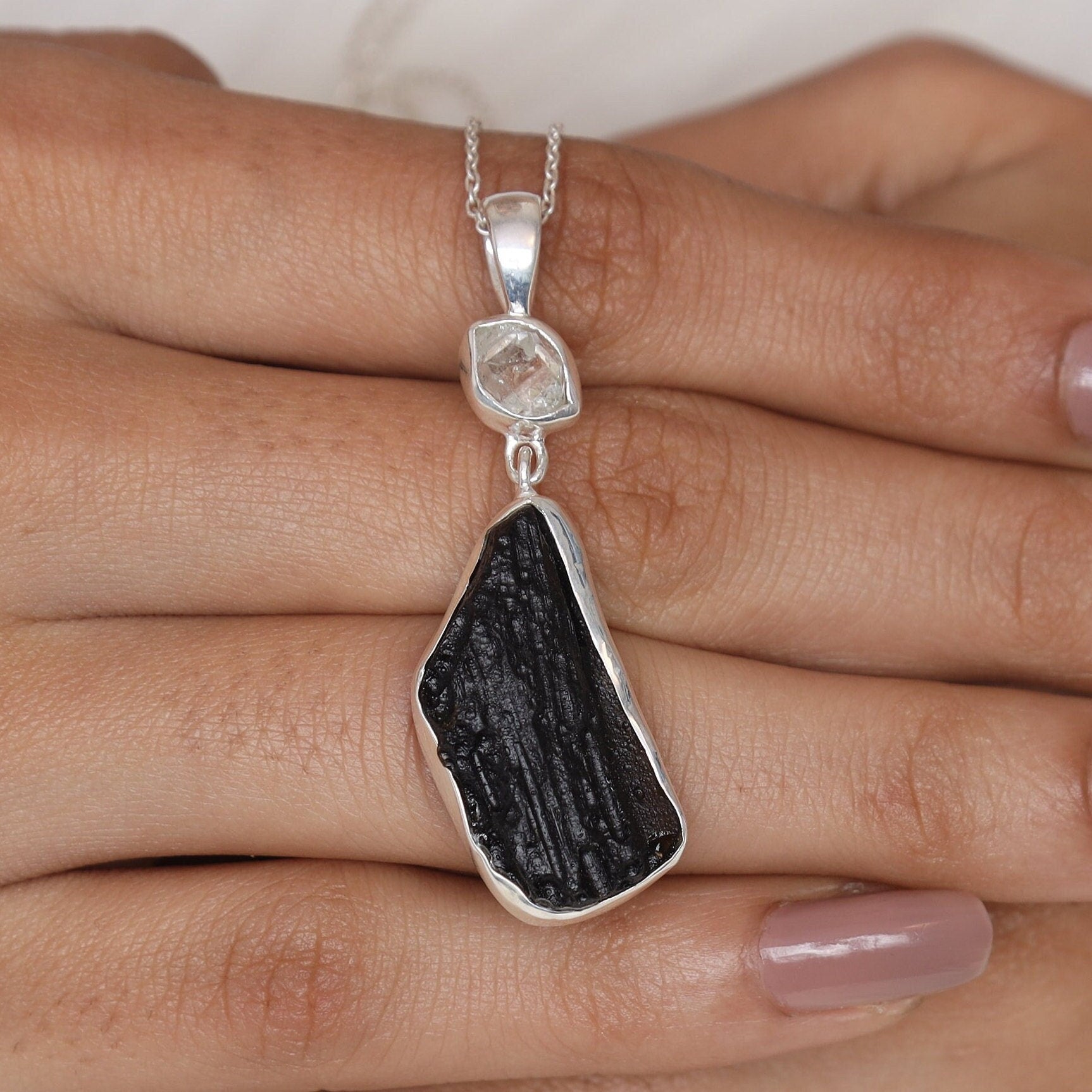 Raw Black Tourmaline & Raw Herkimer Diamond Sterling Silver Pendant