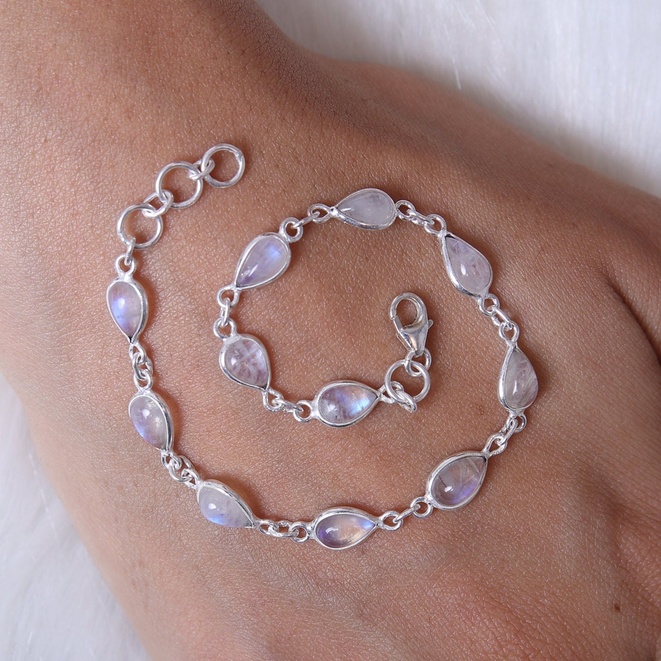 Rainbow Moonstone Sterling Silver Bracelet