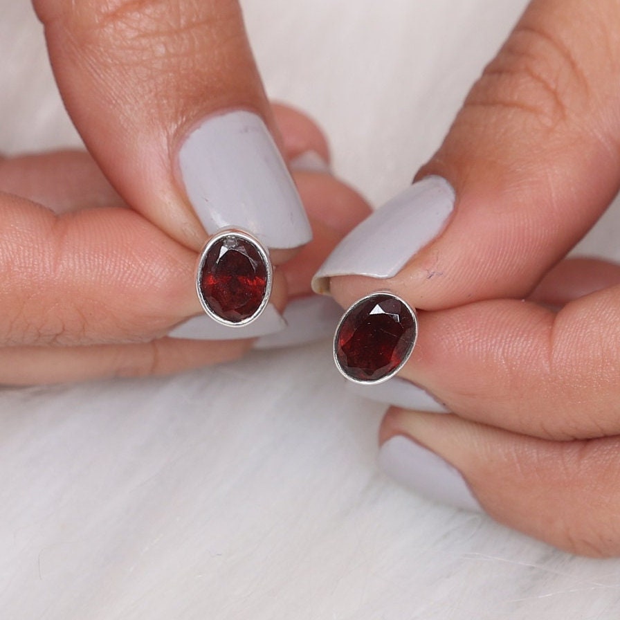 Garnet Sterling Silver Stud Earrings