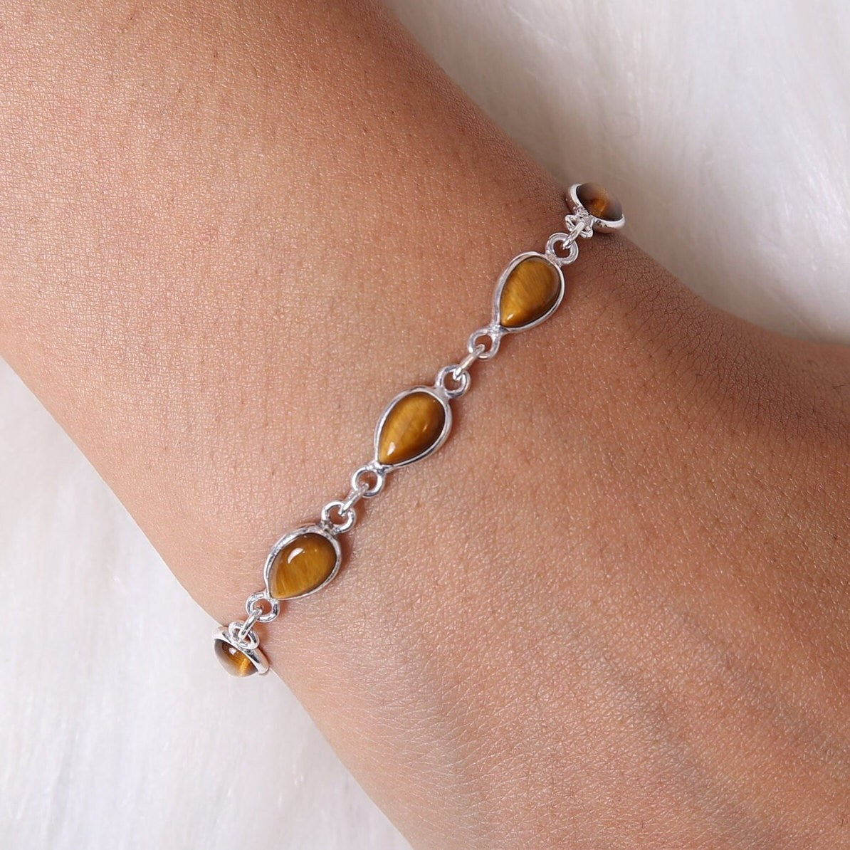 Tiger Eye Bracelet, 925 Sterling Silver Bracelet, Pear Gemstone Bracelet, Adjustable Chain Bracelet, Minimalist Jewelry, Handmade Bracelet