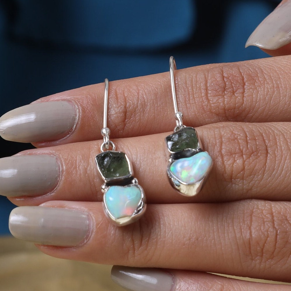 Moldavite & Ethiopian Opal Sterling Silver Earrings