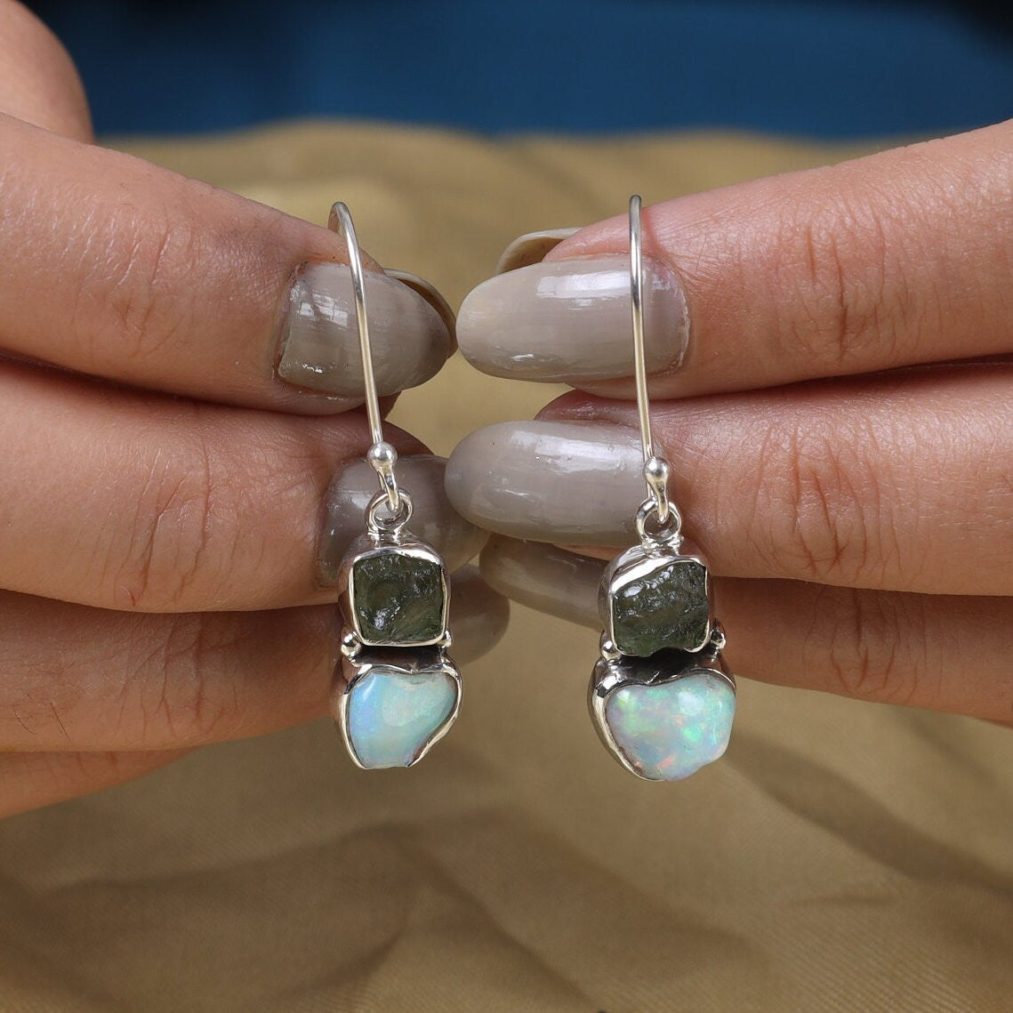 Moldavite & Ethiopian Opal Sterling Silver Earrings