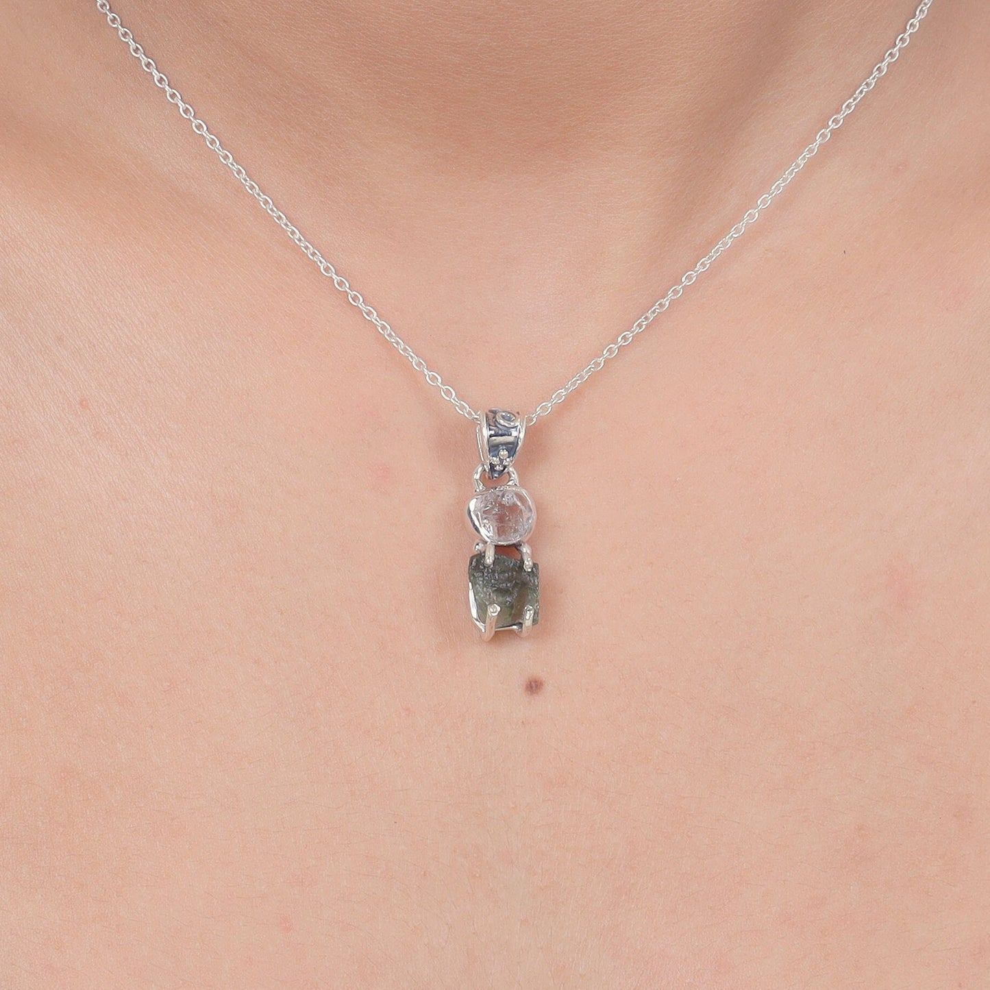 Moldavite & Herkimer Diamond Sterling Silver Pendant