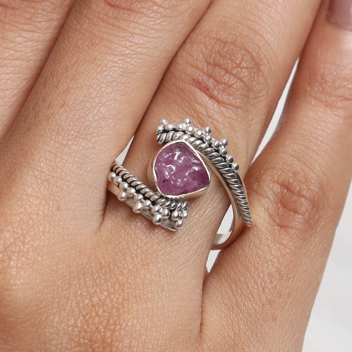 Raw Pink Tourmaline Sterling Silver Ring