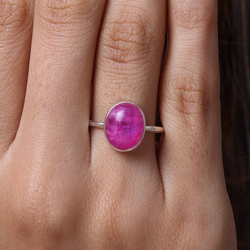 Pink Rainbow Moonstone Sterling Silver Ring