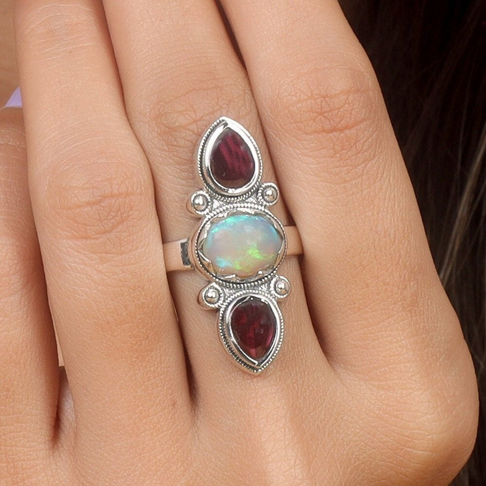 Ethiopian Opal & Garnet Sterling Silver Ring