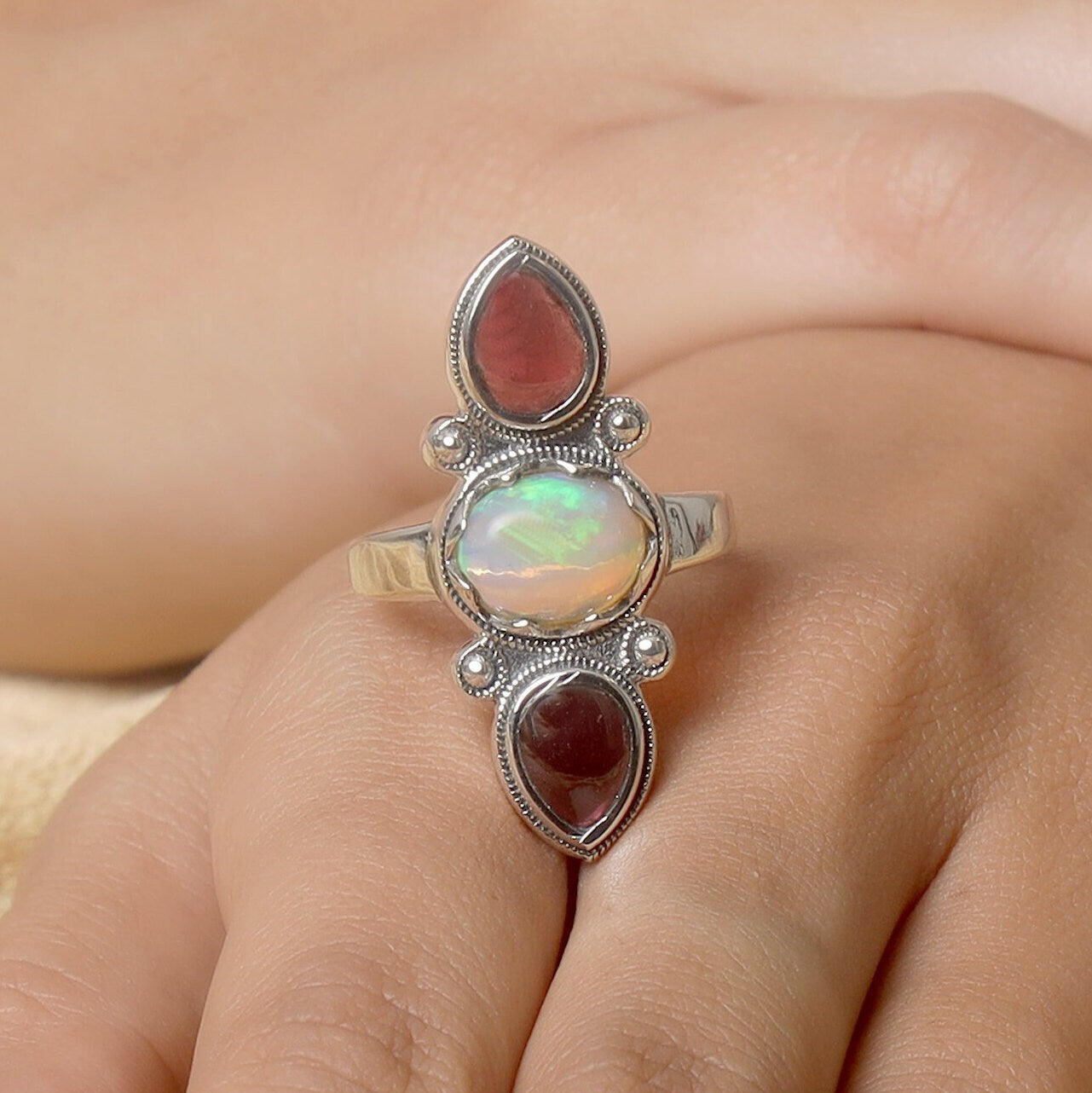 Ethiopian Opal & Garnet Sterling Silver Ring