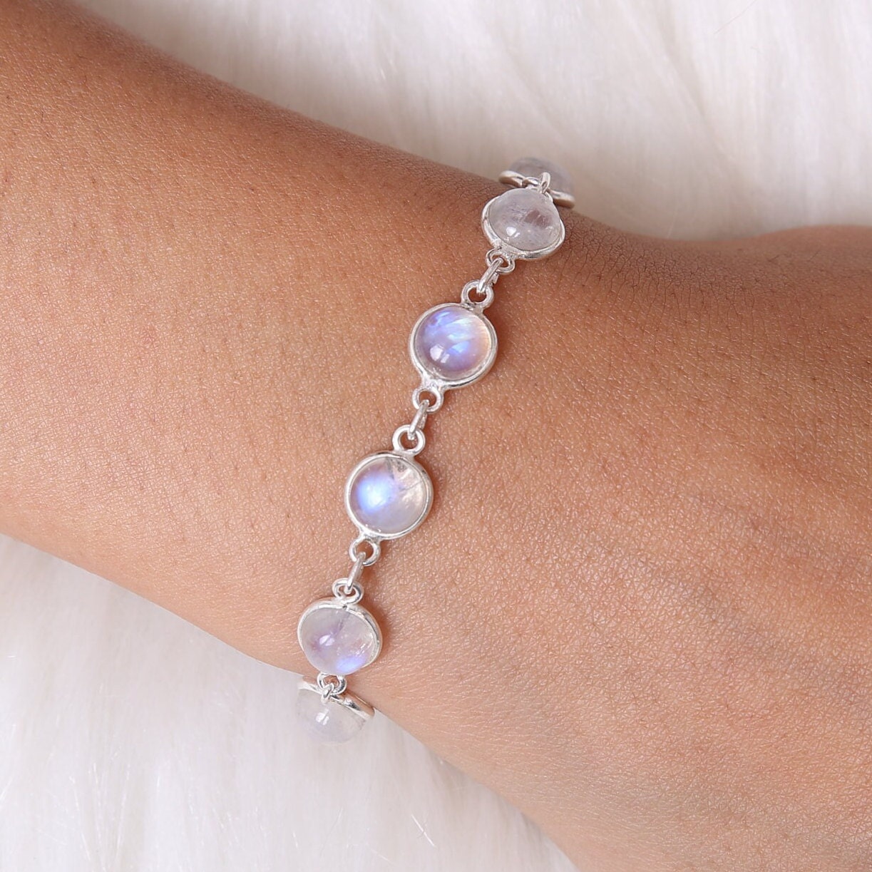 Rainbow Moonstone Sterling Silver Bracelet