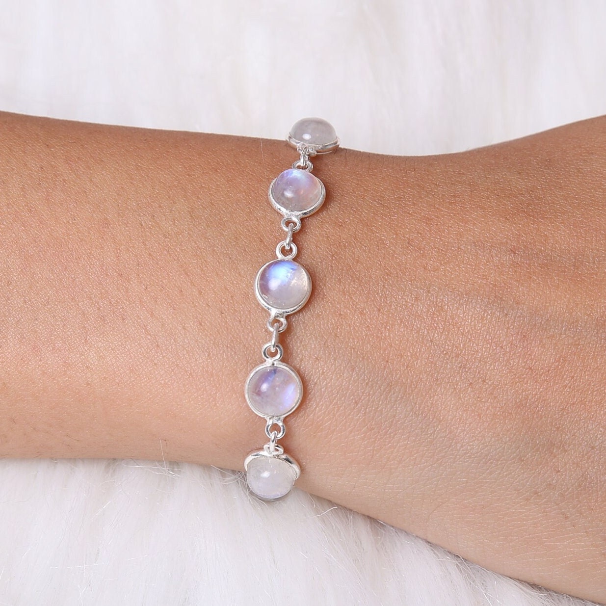 Rainbow Moonstone Sterling Silver Bracelet