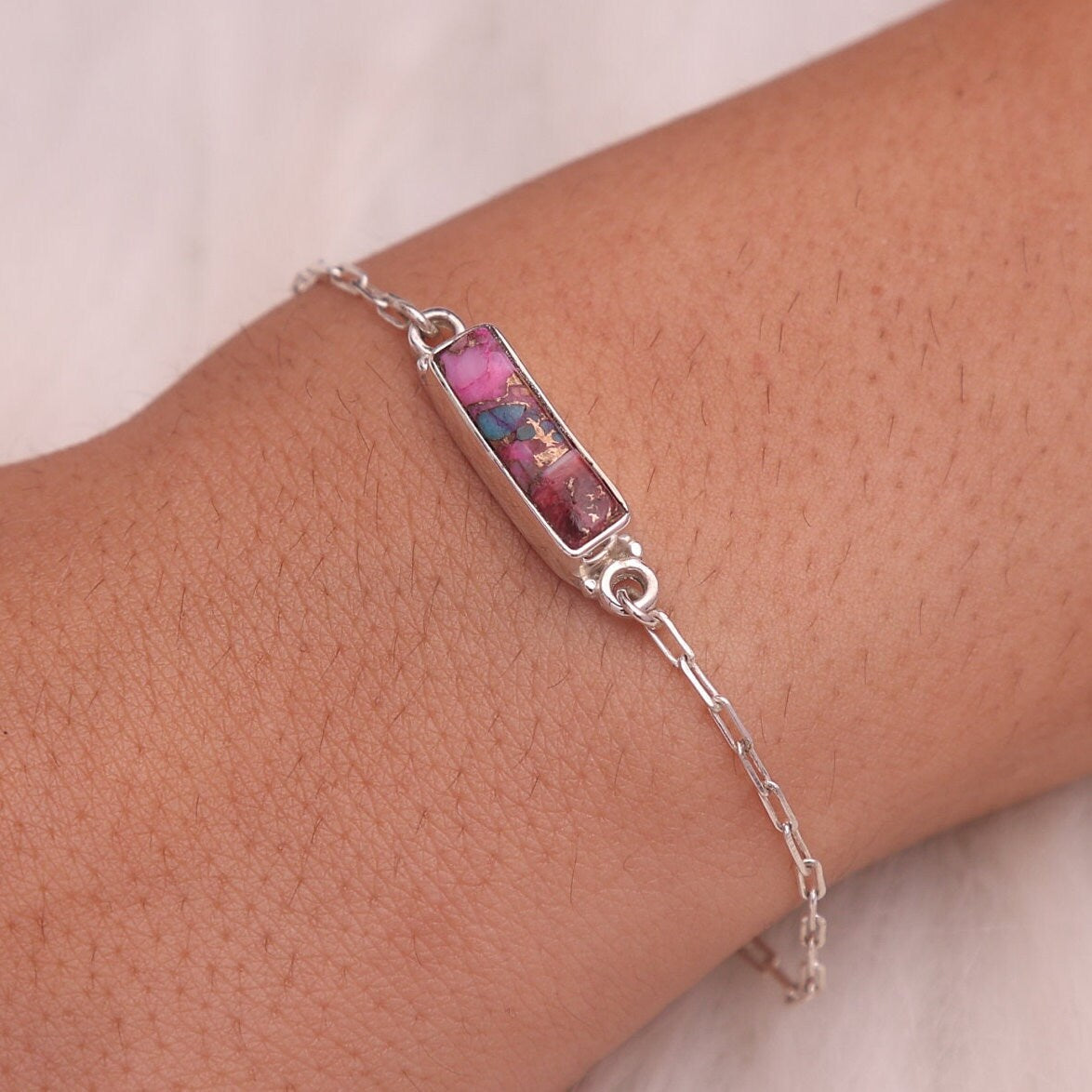 Pink Turquoise Sterling Silver Bracelet