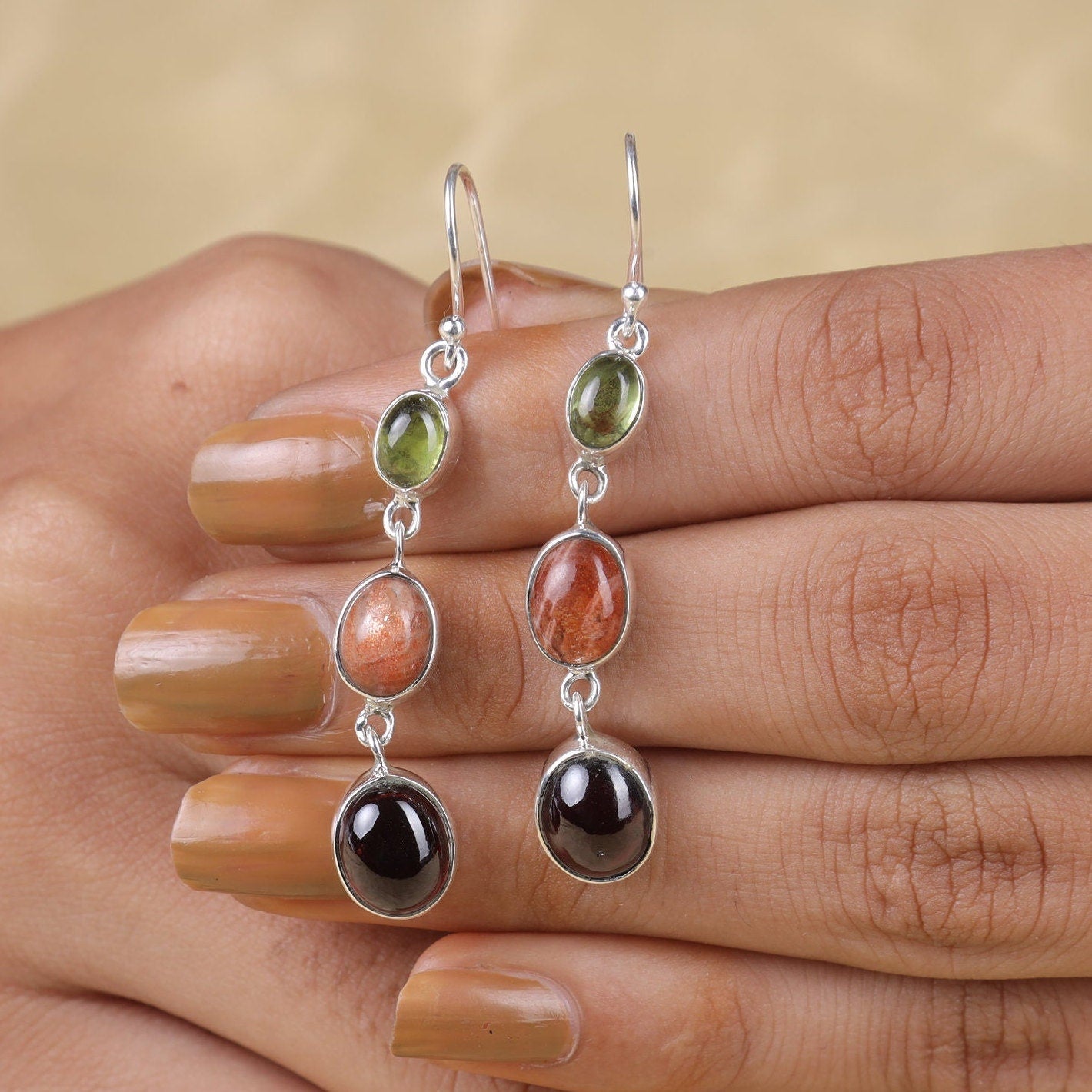 Garnet, Sunstone & Peridot Sterling Silver Earrings