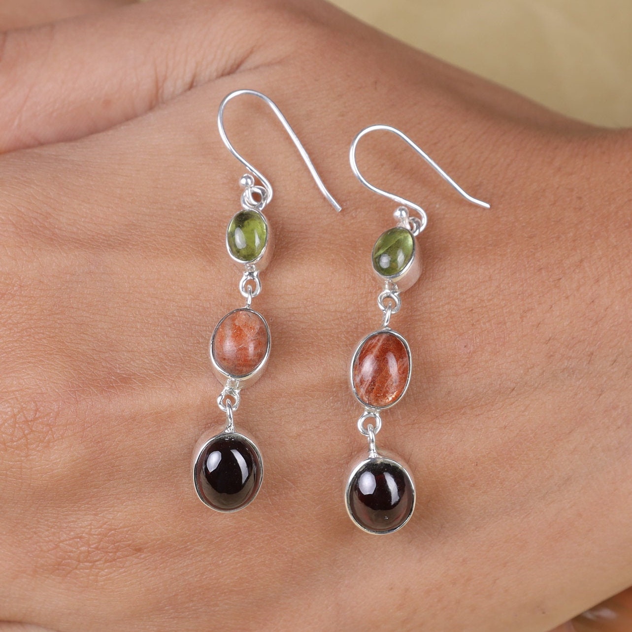 Garnet, Sunstone & Peridot Sterling Silver Earrings