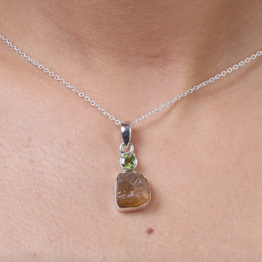 Raw Citrine & Peridot Sterling Silver Pendant