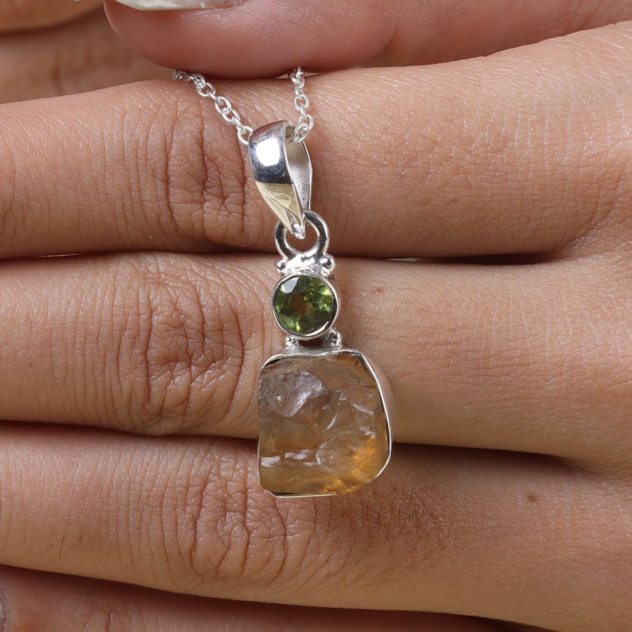 Raw Citrine & Peridot Sterling Silver Pendant