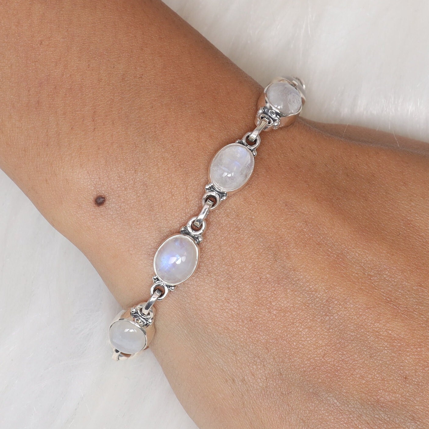 Rainbow Moonstone Sterling Silver Bracelet