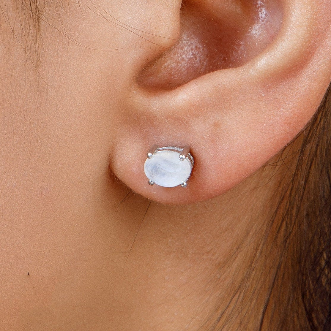 Rainbow Moonstone Sterling Silver Stud Earrings