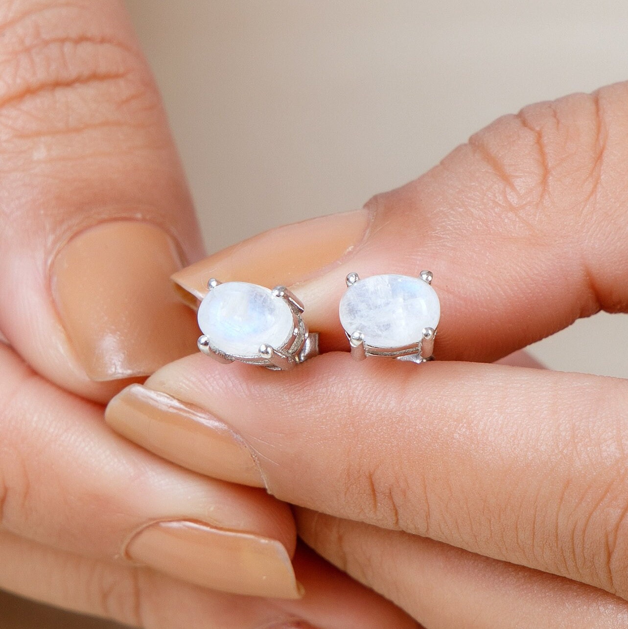 Rainbow Moonstone Sterling Silver Stud Earrings