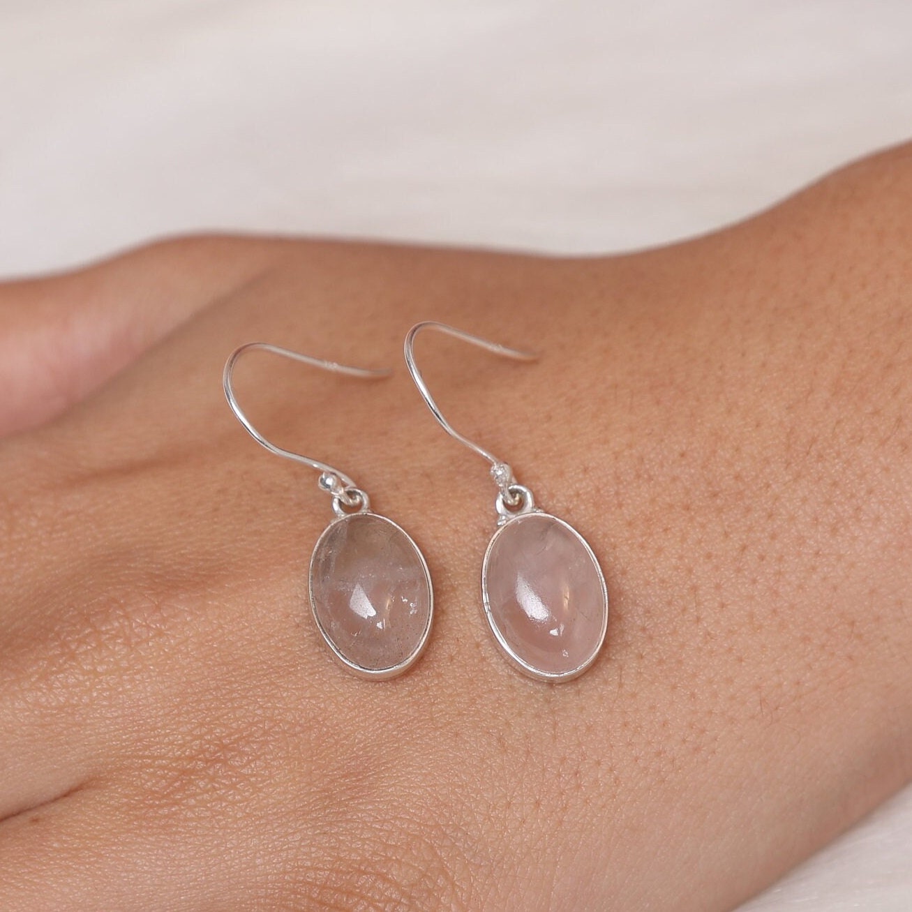 Rose Quartz Earrings, 925 Sterling Silver Earrings, Oval Gemstone Earrings, Dangle Drop Earrings, Handmade Jewelry, Birthday Gift for Her