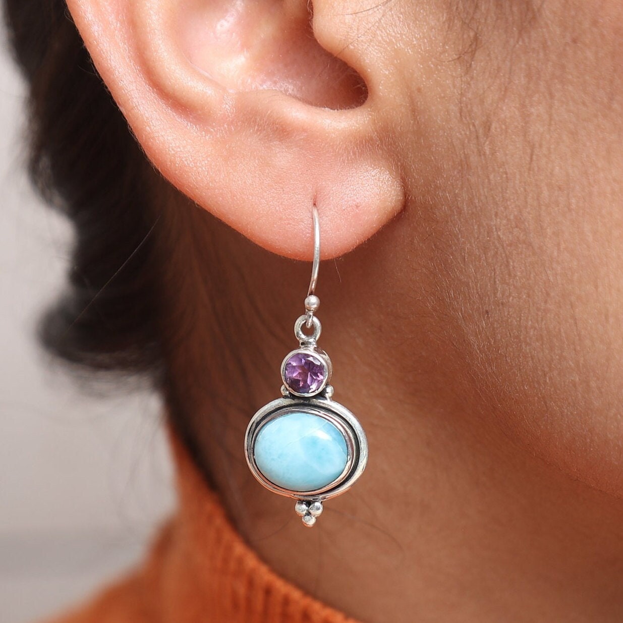 Dominican Larimar & Amethyst Sterling Silver Earrings