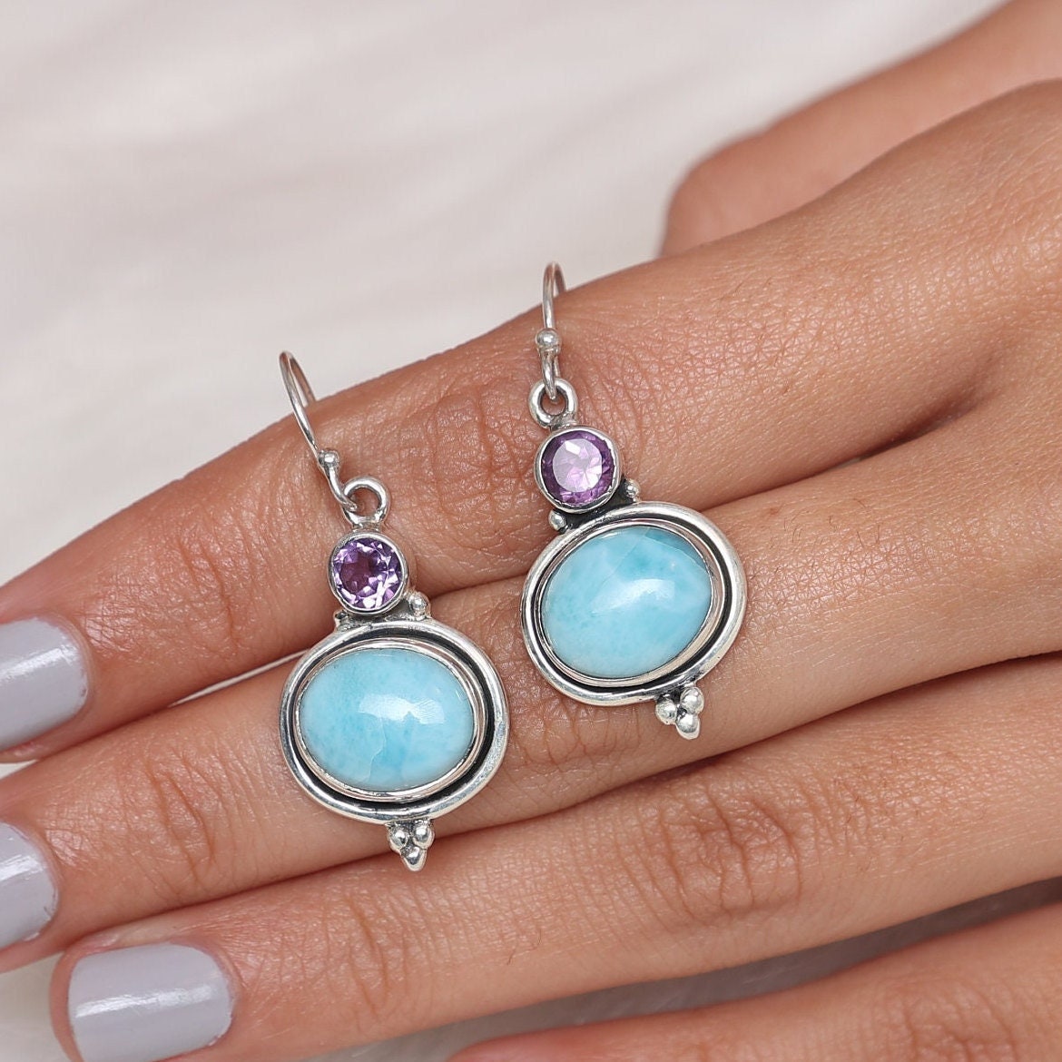 Dominican Larimar & Amethyst Sterling Silver Earrings