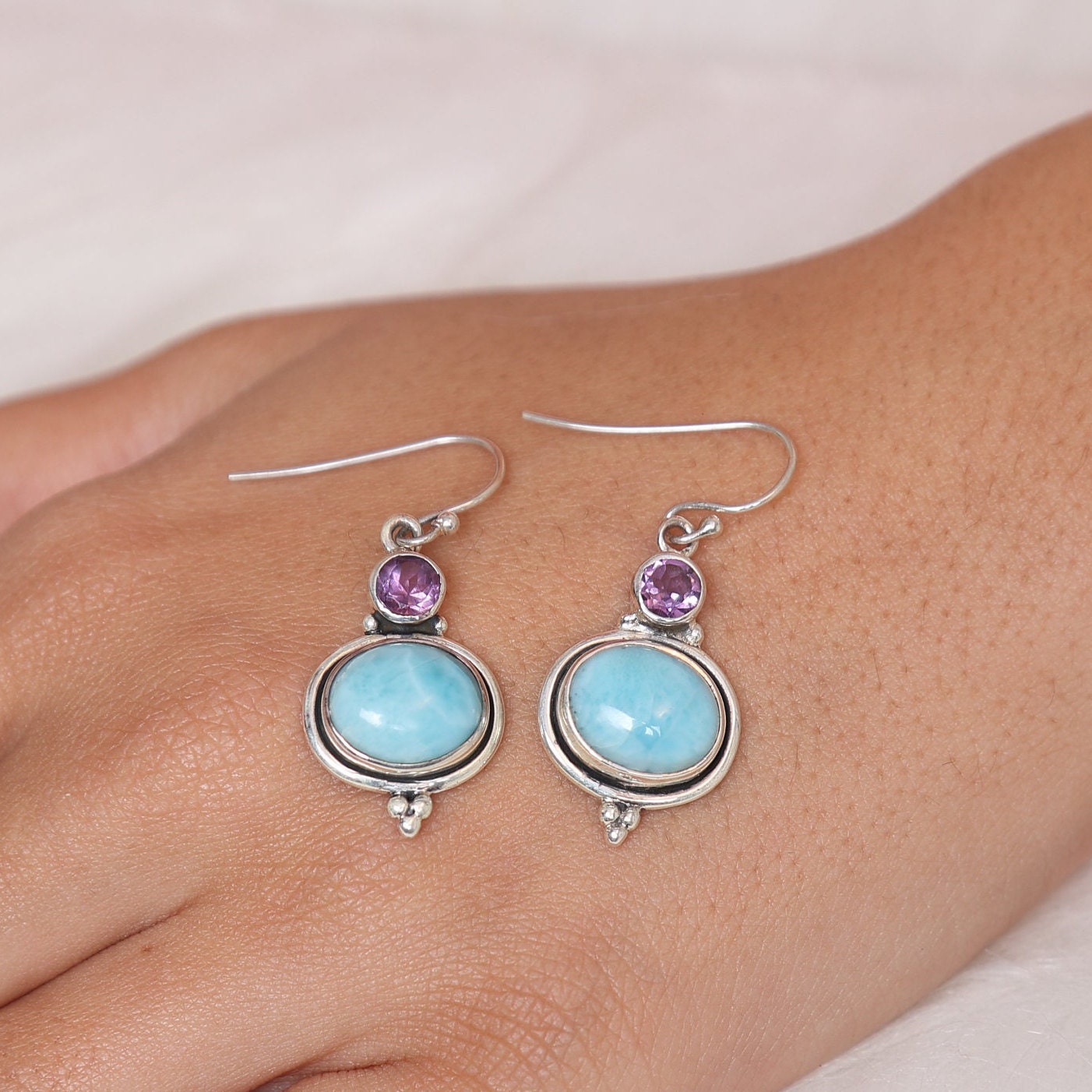 Dominican Larimar & Amethyst Sterling Silver Earrings