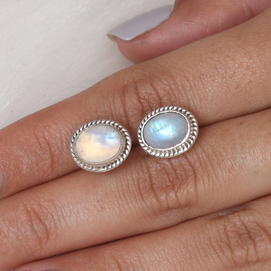 Rainbow Moonstone Sterling Silver Stud Earrings