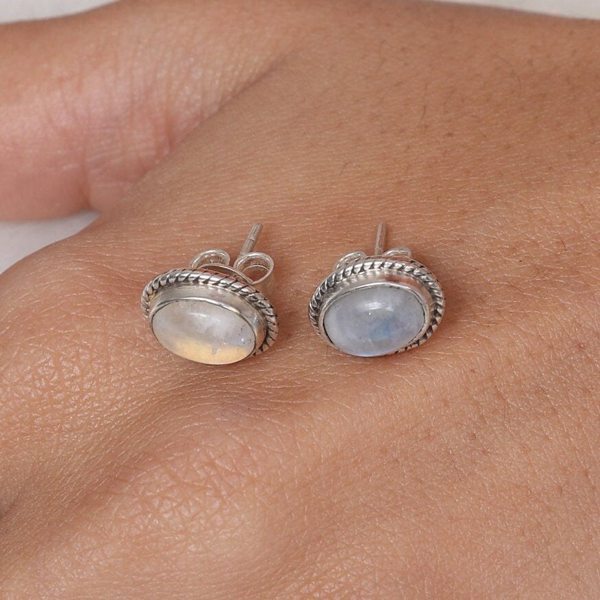 Rainbow Moonstone Sterling Silver Stud Earrings